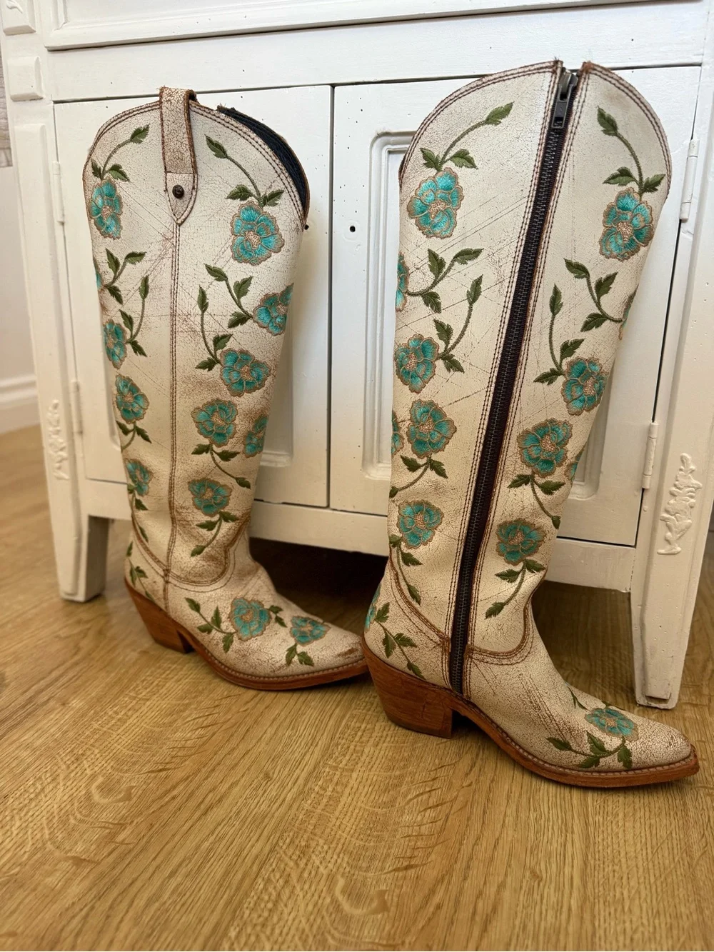 LIBERTY Black Cream Western Knee-High Boots with Turquoise Floral Embroidery